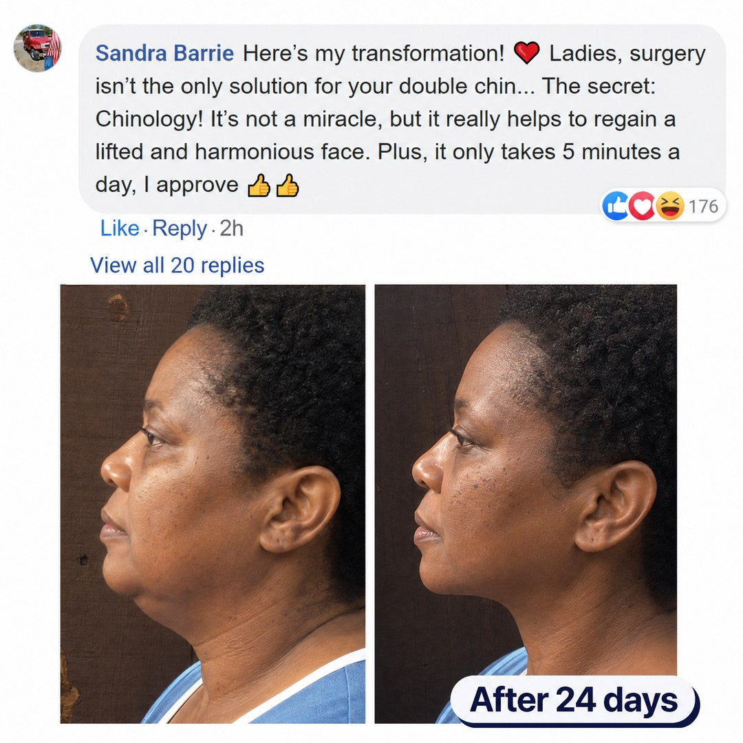 Two side-profile photos showing a woman's facial transformation over 24 days.