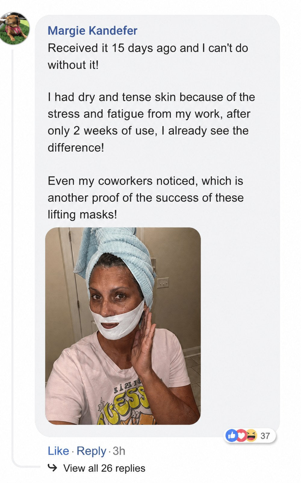 Woman wearing a towel and face mask in a skincare product review.