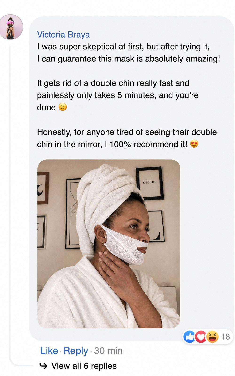 Facebook comment with before-and-after profile photos of a woman's face.