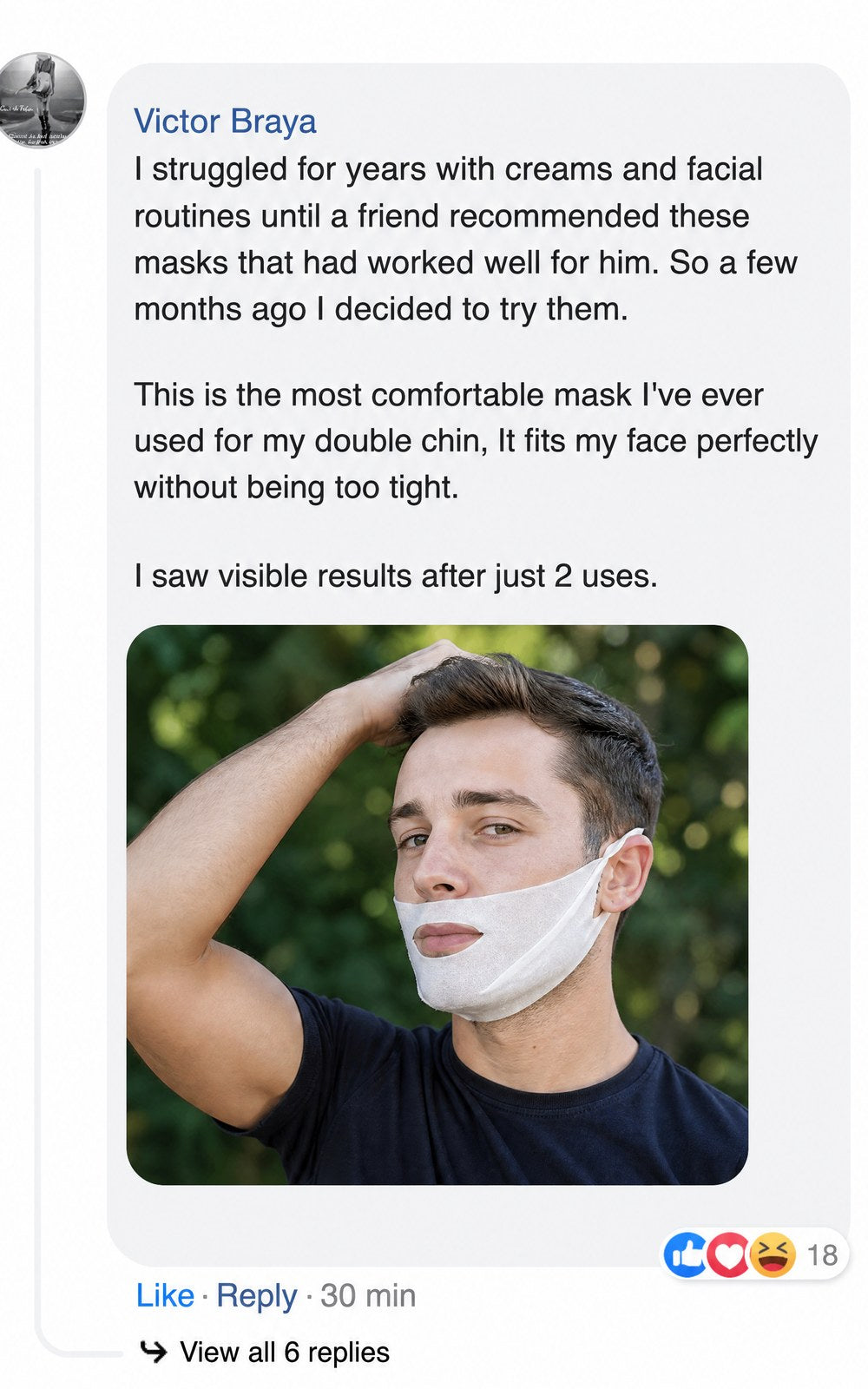Woman wearing a facial mask for double chin support outside.