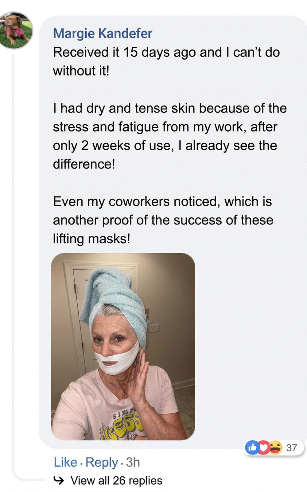 Woman wearing a towel and face mask in a skincare product review.