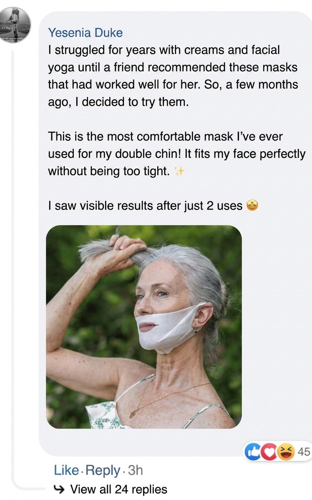 Woman wearing a facial mask for double chin support outside.