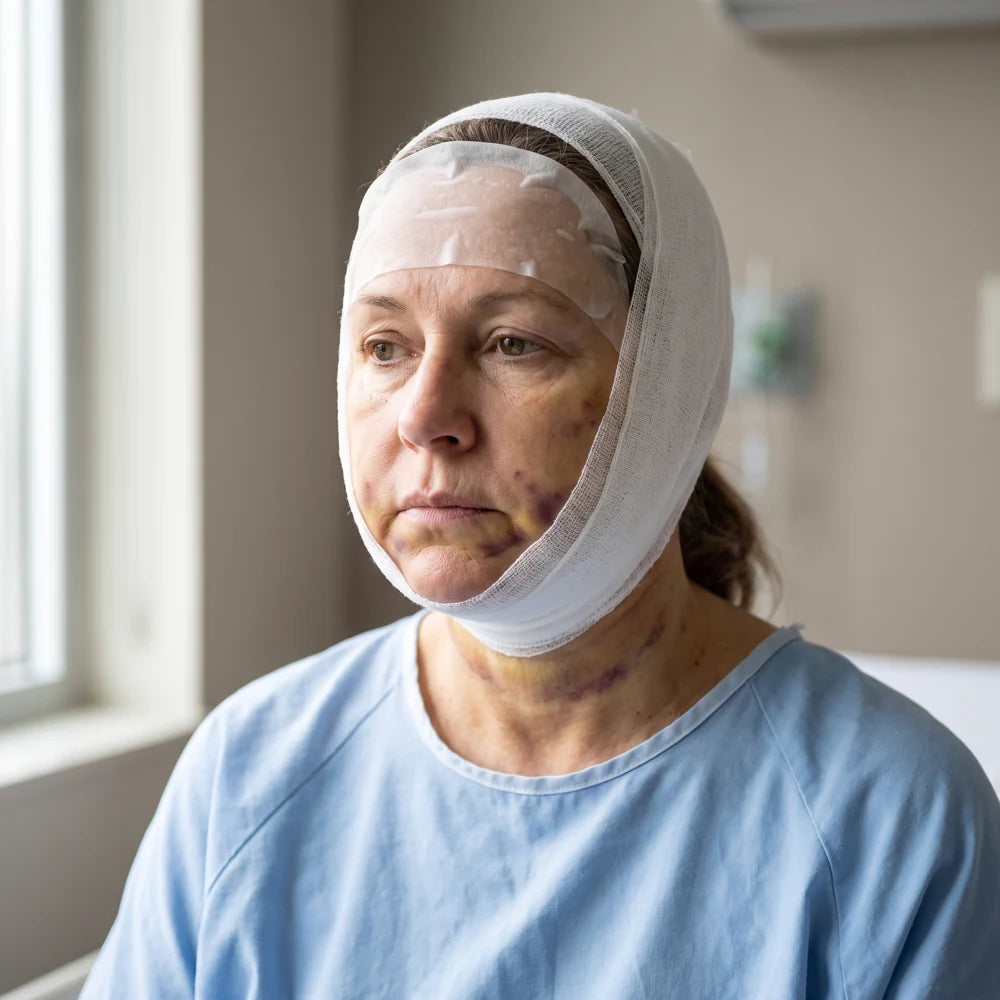 Illustrative postoperative recovery scene with bruising and bandages