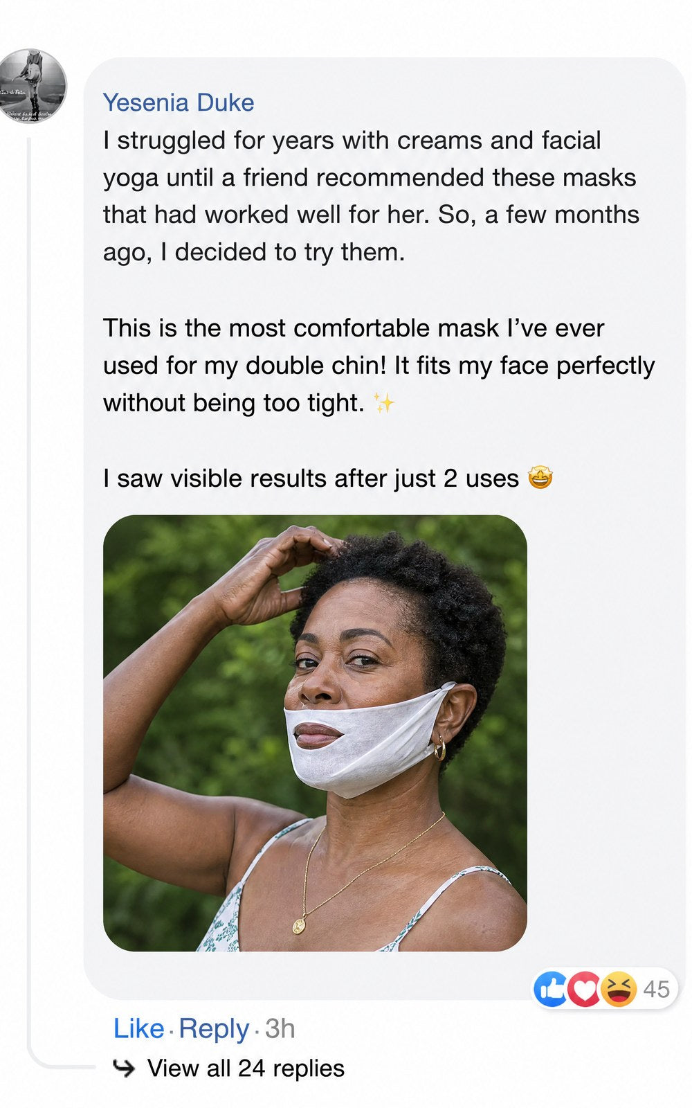 Woman wearing a facial mask for double chin support outside.