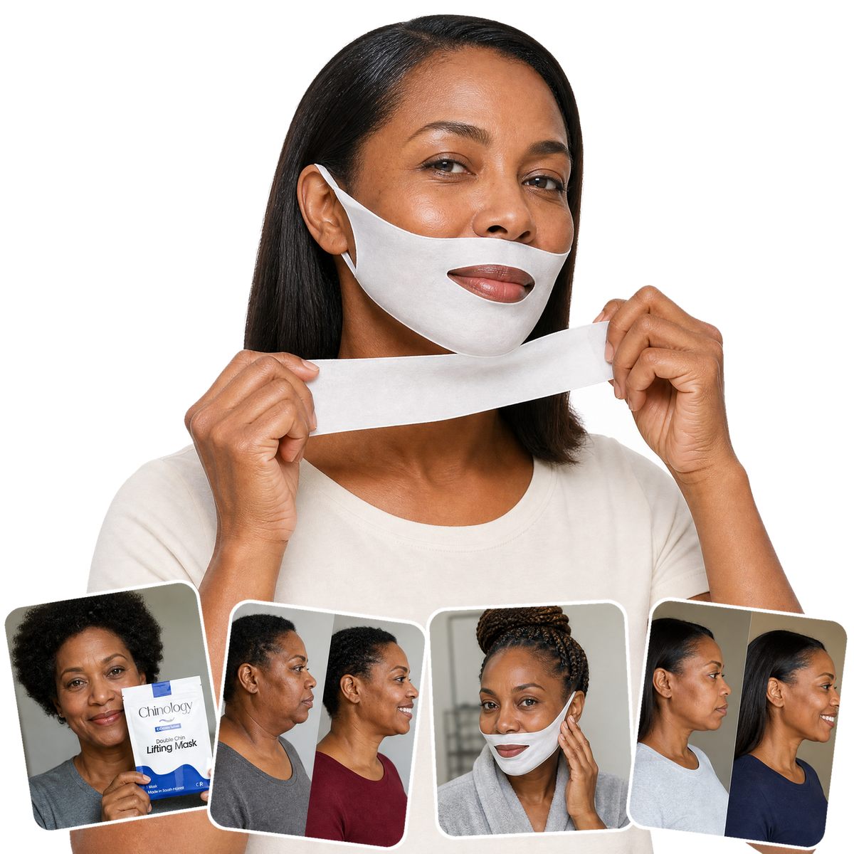 A Black woman in her forties holding two Chinology mask pouches.