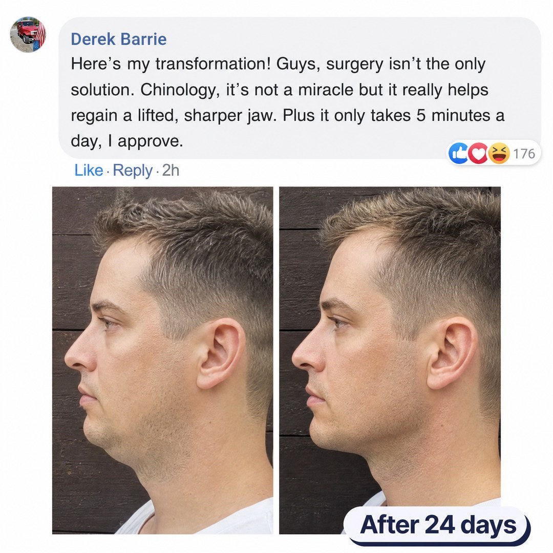 Two side-profile photos showing a woman's facial transformation over 24 days.