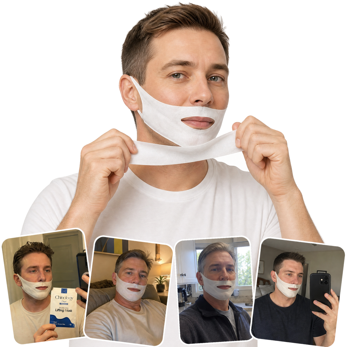 Woman wearing a white face mask with four smaller images of others doing the same.