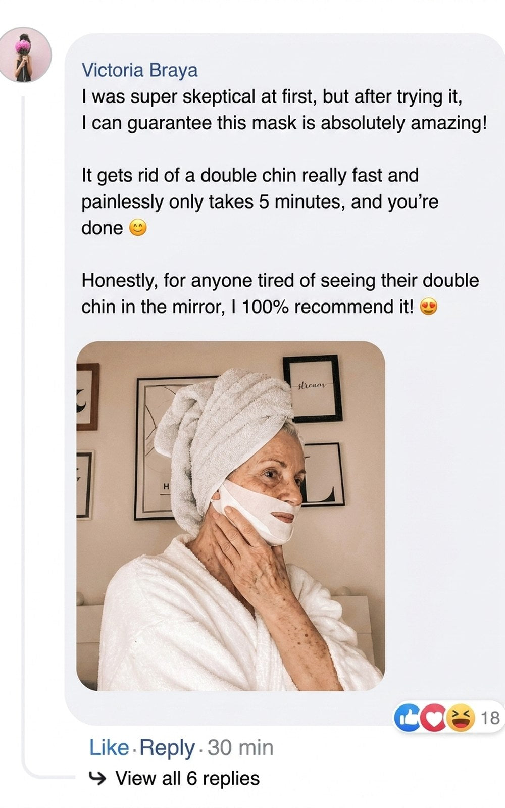 Facebook comment with before-and-after profile photos of a woman's face.