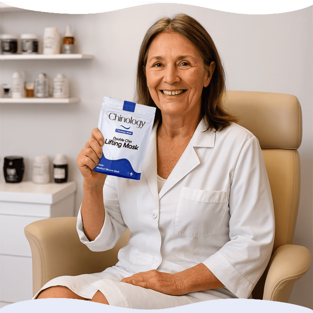 Woman holding Chinology Double Chin Lifting Mask in a clinic setting.