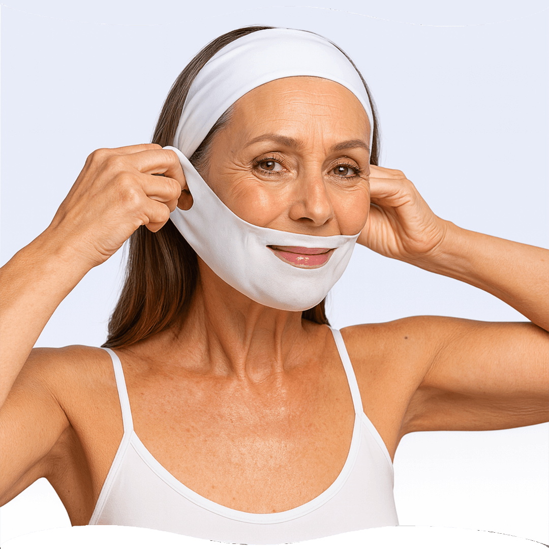 Woman applying a white facial mask with ear loops.