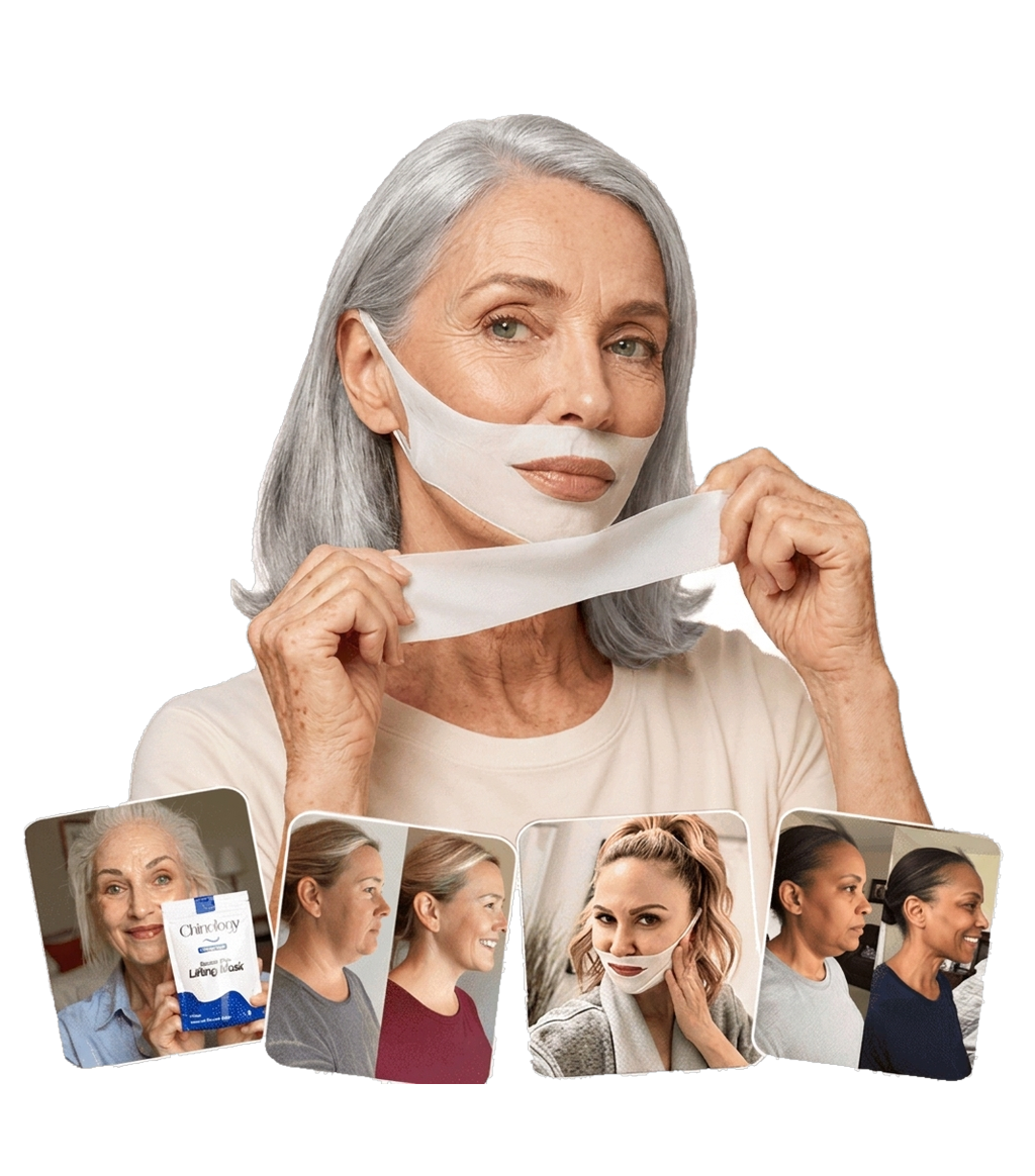 A woman in her sixties wearing the Chinology lifting mask and holding a second mask, with four customer photos.